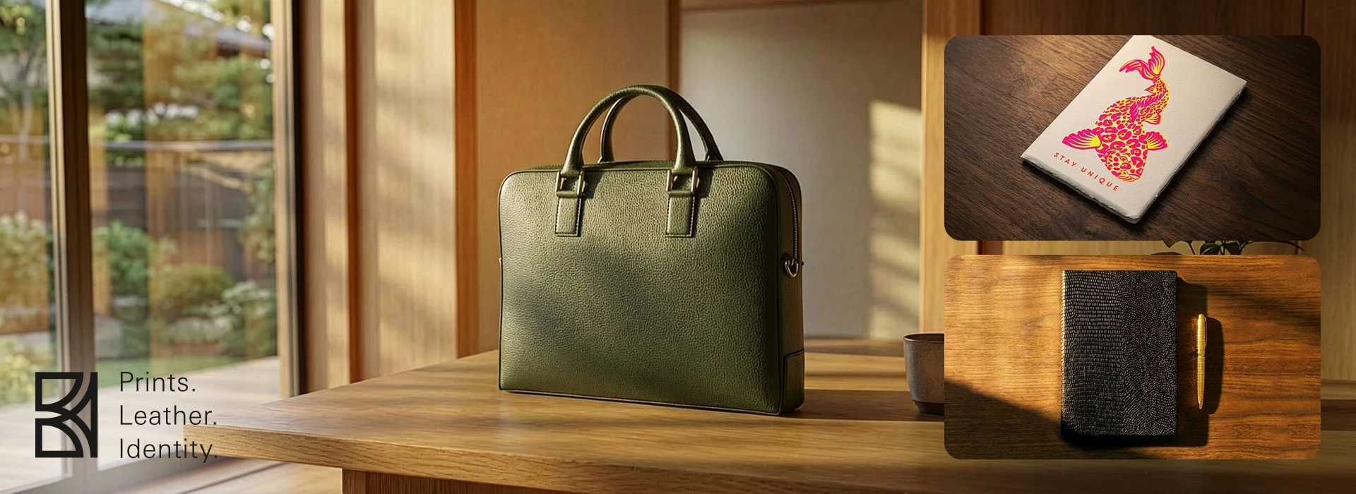 Prints. Leather. Identity. Bethge Slogan Prints. Leather. Identity. Bethge Slogan